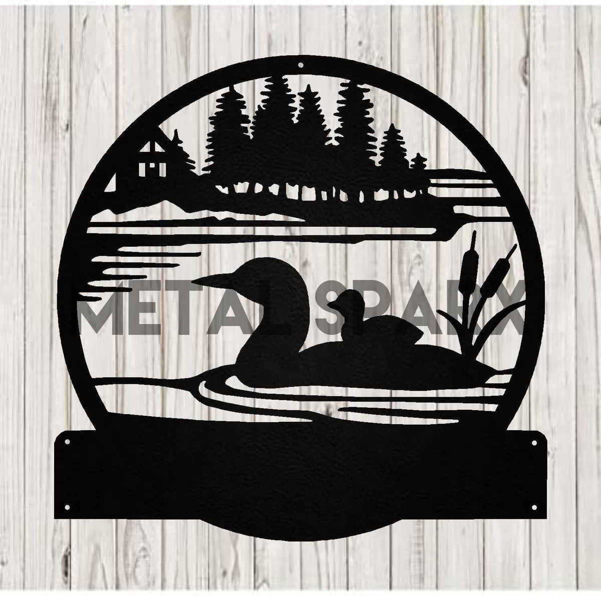 Black metal art of a loon with baby, featuring a monogram, by Metal Sparx, showcasing detailed, handcrafted nature-inspired design.