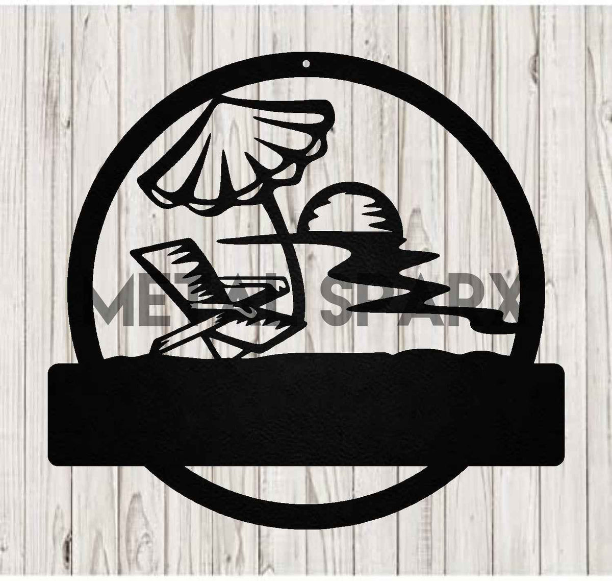 Metal Sparx Beach Sunset artwork featuring a vibrant sunset scene with warm colors and silhouettes on a black background.