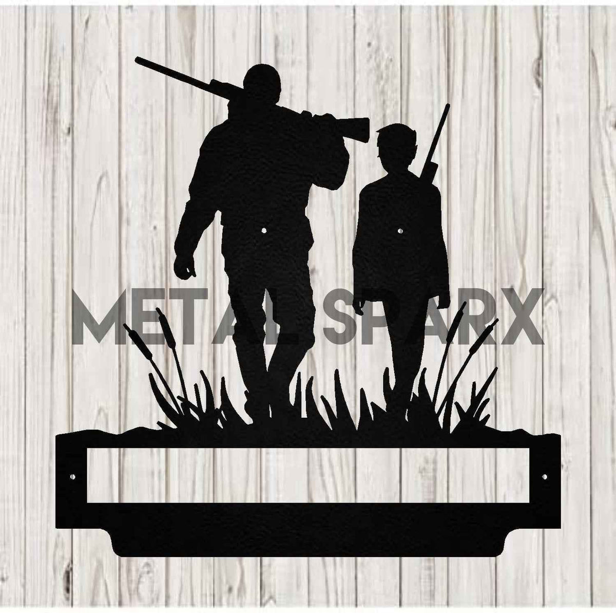 Father and son hunting scene featuring Metal Sparx branding, with silhouettes of hunters in a natural outdoor setting.