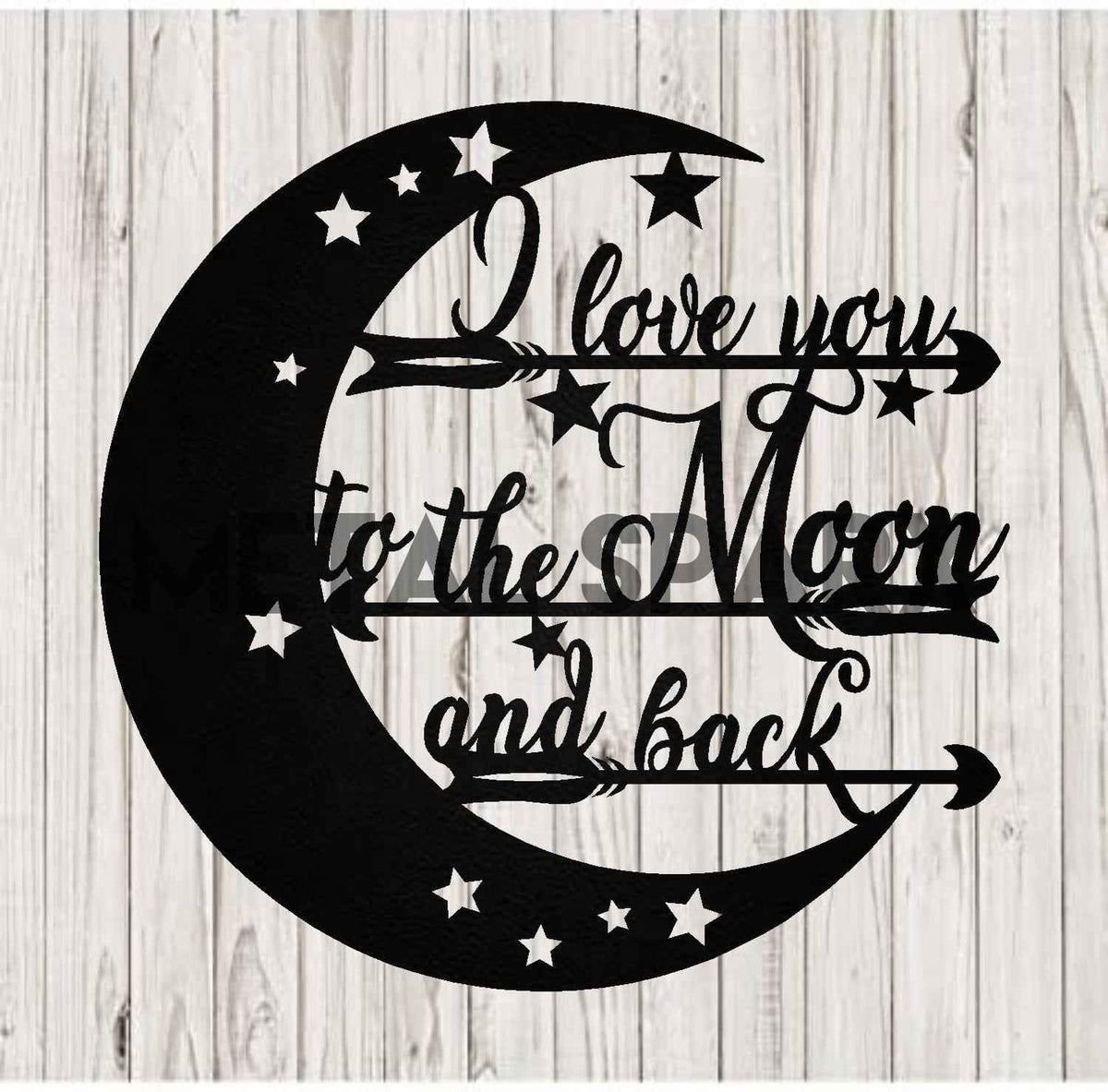 Black "Love You To The Moon & Back" metal wall art by Metal Sparx, featuring a moon and star design on a sleek black background.