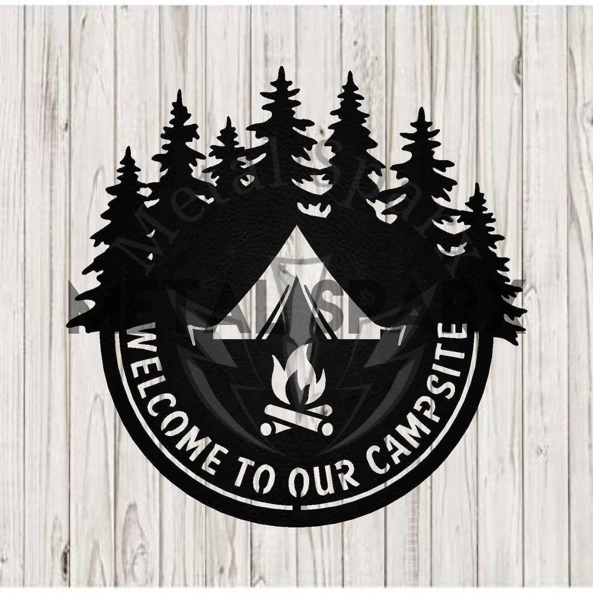 Black Metal Sparx Welcome to Our Campsite sign with outdoor camping design on a black background.