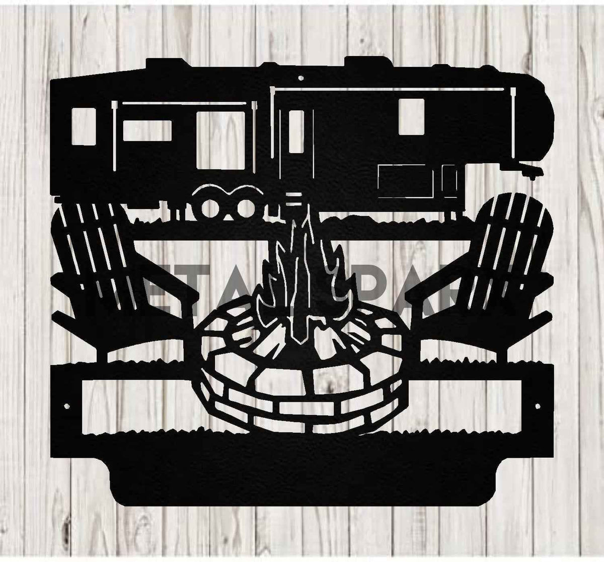 Black metal art featuring custom camping monograms from Metal Sparx, showcasing engraved personalized outdoor-themed design.