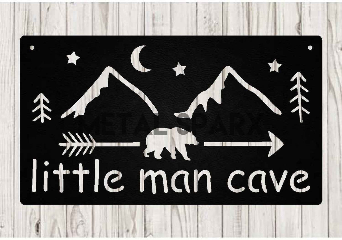 Black Little Man Cave sign by Metal Sparx featuring bold lettering and a sleek design for man cave decor.