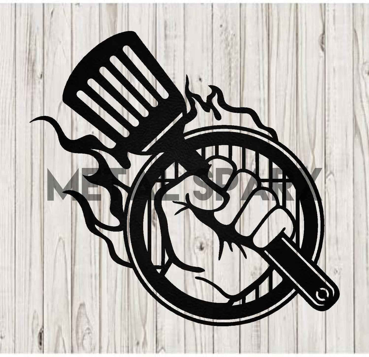 Black Metal Sparx grill hand tool with a sturdy handle, designed for safe and comfortable handling during barbecuing.