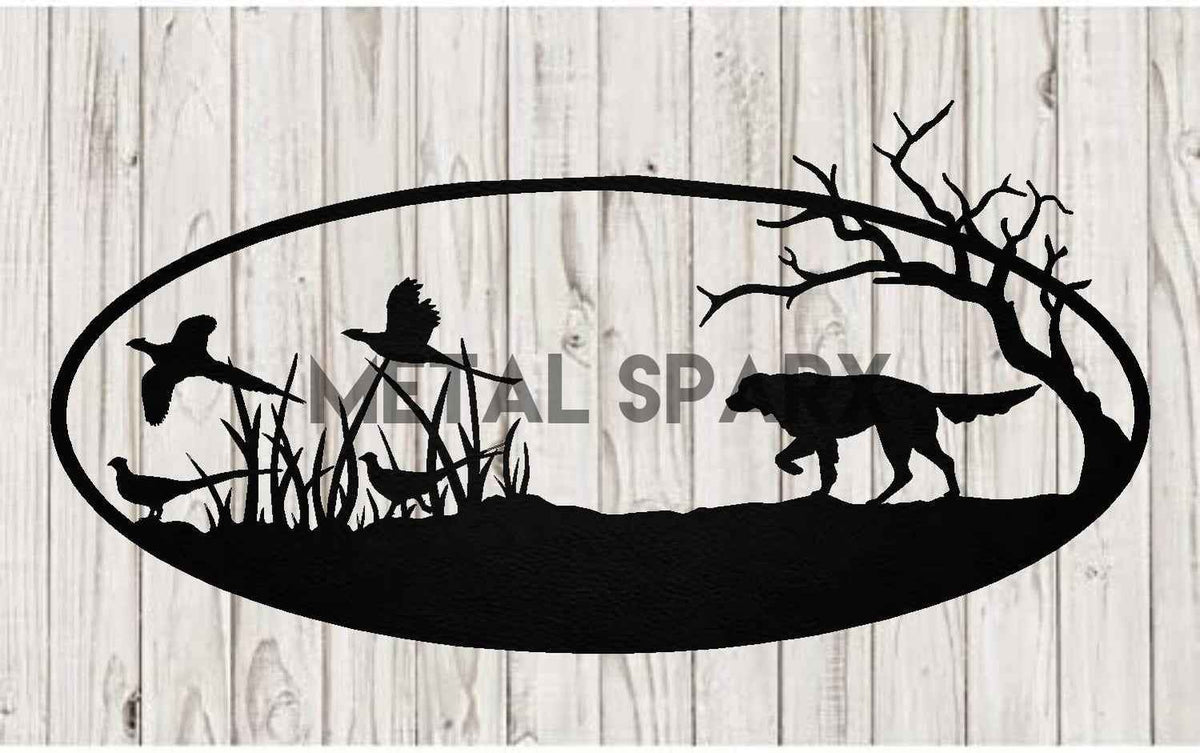 Black metal monogram featuring a pheasant and dog design by Metal Sparx, with intricate details and elegant craftsmanship.