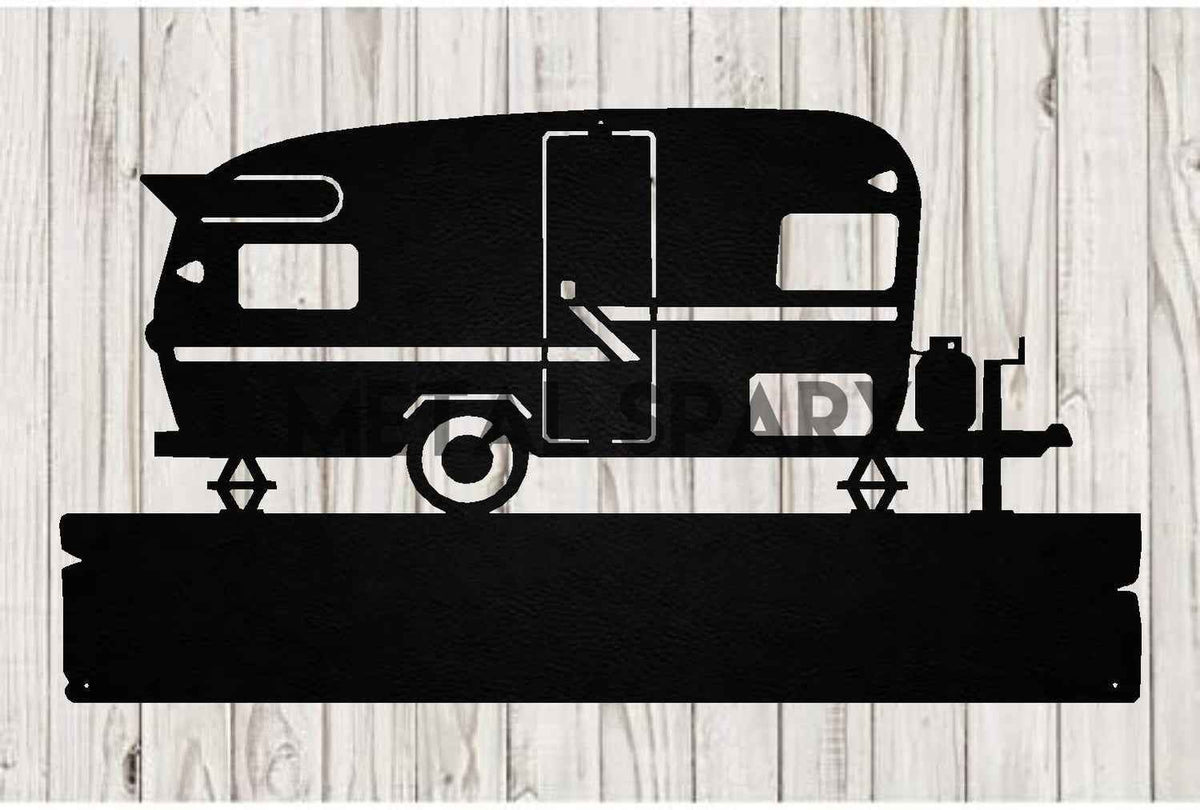 Black metal Camper Monogram art by Metal Sparx featuring a stylish camper vehicle design for wall decor.