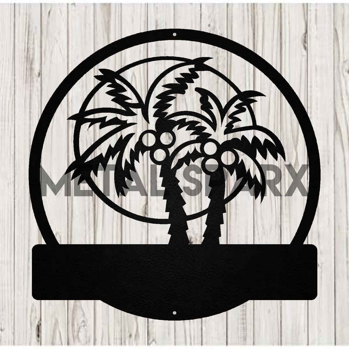 Black metal palm tree sculpture by Metal Sparx, featuring detailed palm leaves and trunk, decorative outdoor garden ornament.