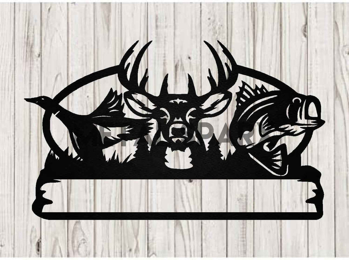 Black metal monogram featuring duck, deer, and fish designs from Metal Sparx, ideal for decorative wall art or personalized decor.