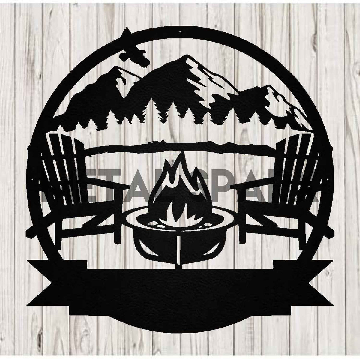 Black metal campfire monogram art by Metal Sparx, featuring a rustic campfire design with intricate metalwork details.