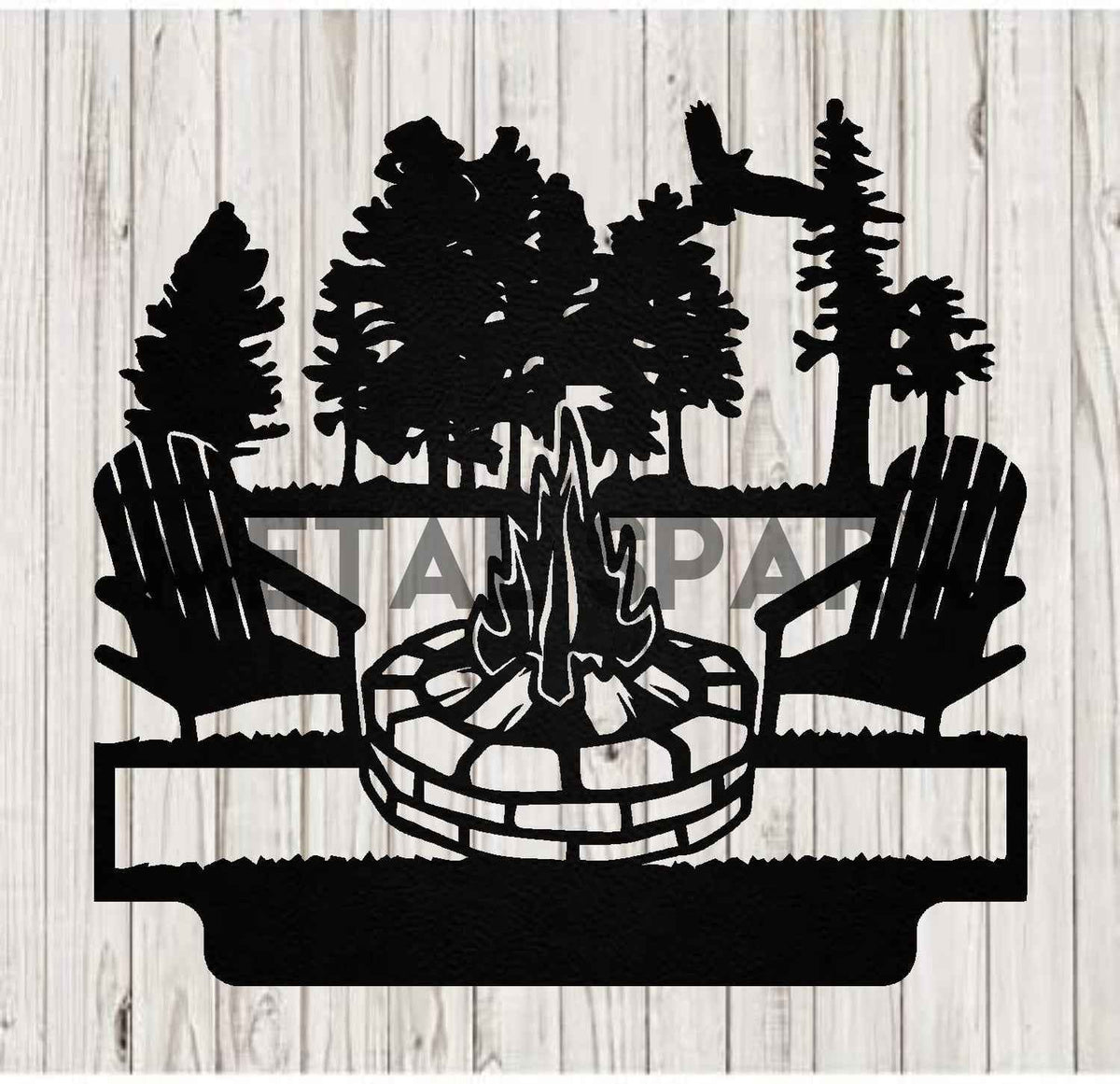 Black metal art piece featuring a personalized campfire scene by Metal Sparx, showcasing detailed flames, logs, and night sky background.