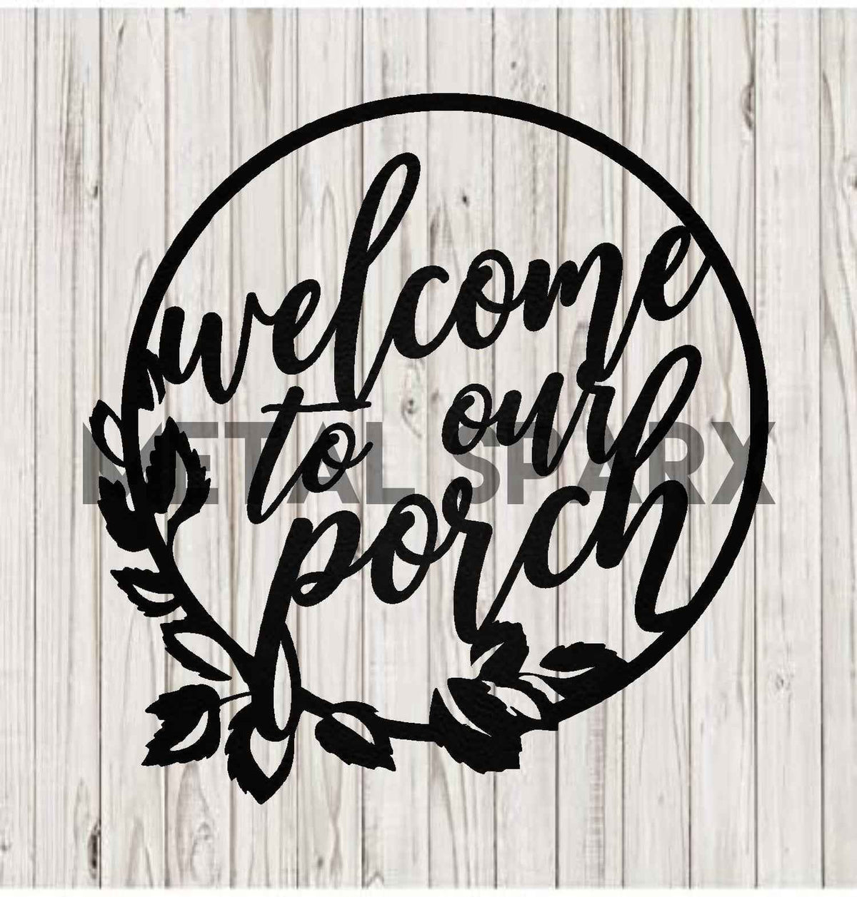 Black Metal Sparx Welcome porch sign with metal art design, perfect for adding a welcoming touch to your outdoor space.