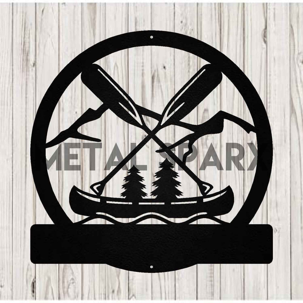 Black Metal Art piece featuring a Canoe and Oars monogram design by Metal Sparx, showcasing intricate metal craftsmanship.