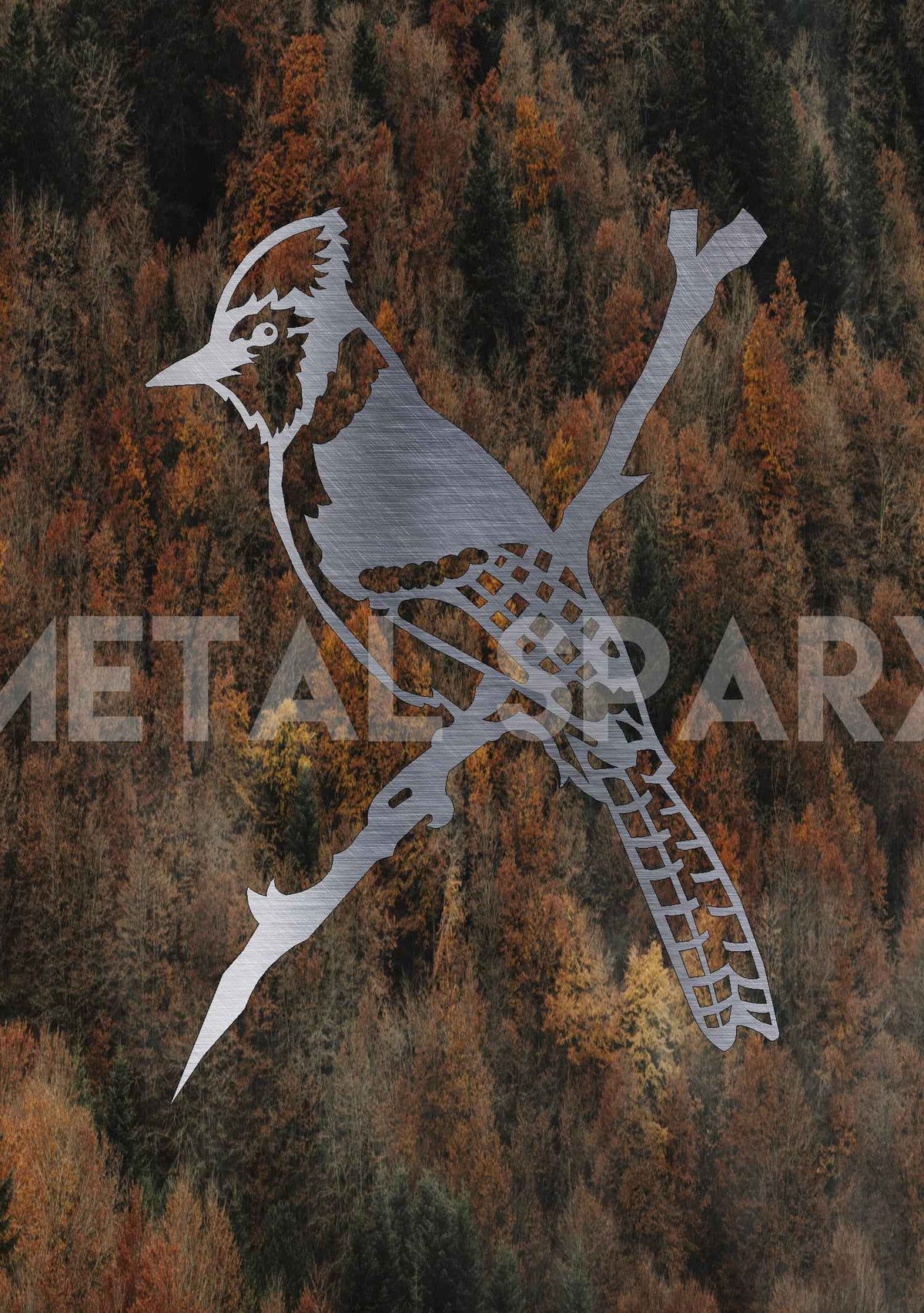 Metal Sparx blue jay metal art sculpture featuring detailed blue and gray feathers, realistic bird design for wall decor.