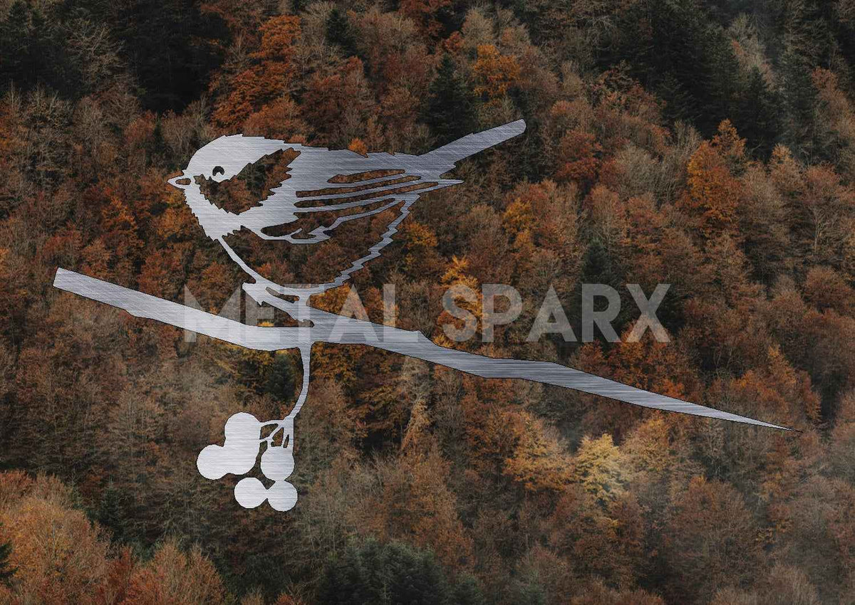 Metal Sparx Chickadee bird figurine with detailed feathers and realistic features on a natural wood perch.