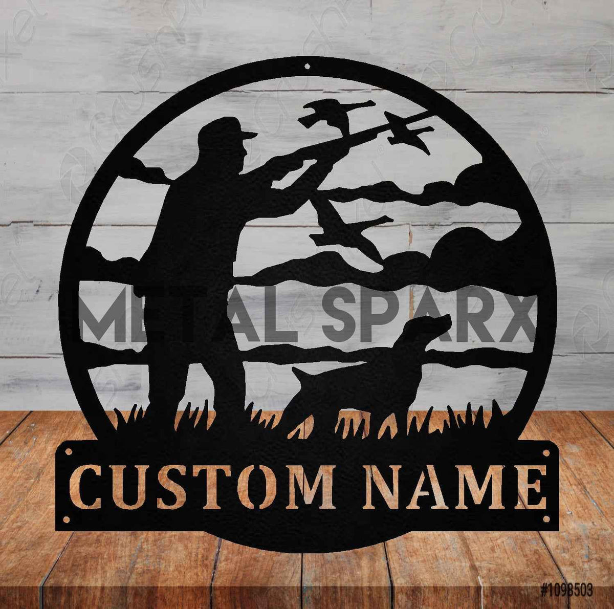 Metal Sparx Goose Hunter with Dog sculpture, detailed metal art depicting a hunter and dog in a realistic pose.
