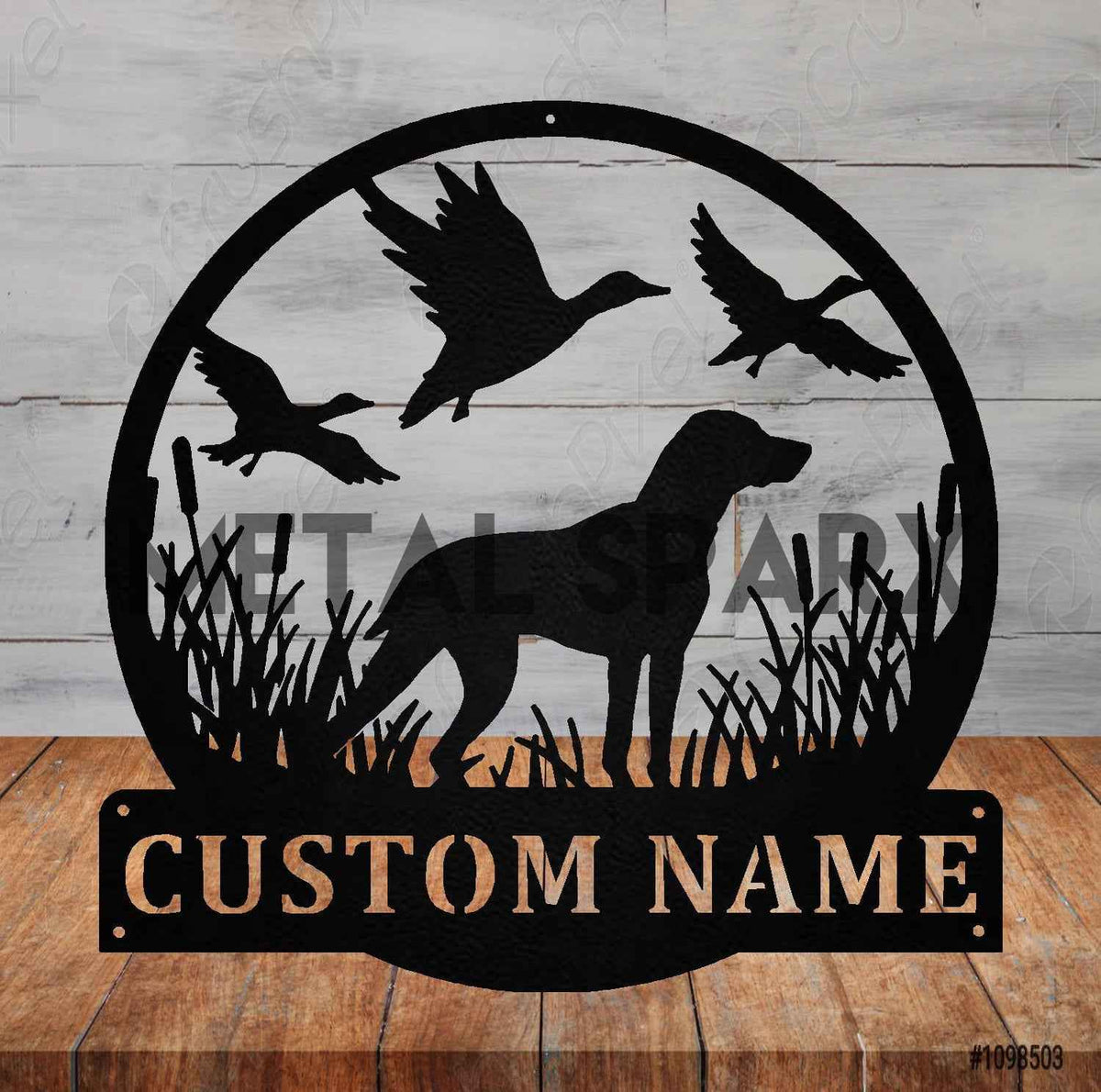 Metal Sparx hunting dog with alert stance, showcasing detailed breed features and outdoor hunting environment.