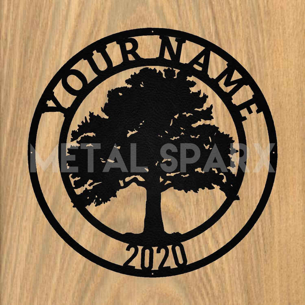 Metal Sparx Oak Tree Monogram metal wall art showcasing a detailed oak tree design with monogram initials.
