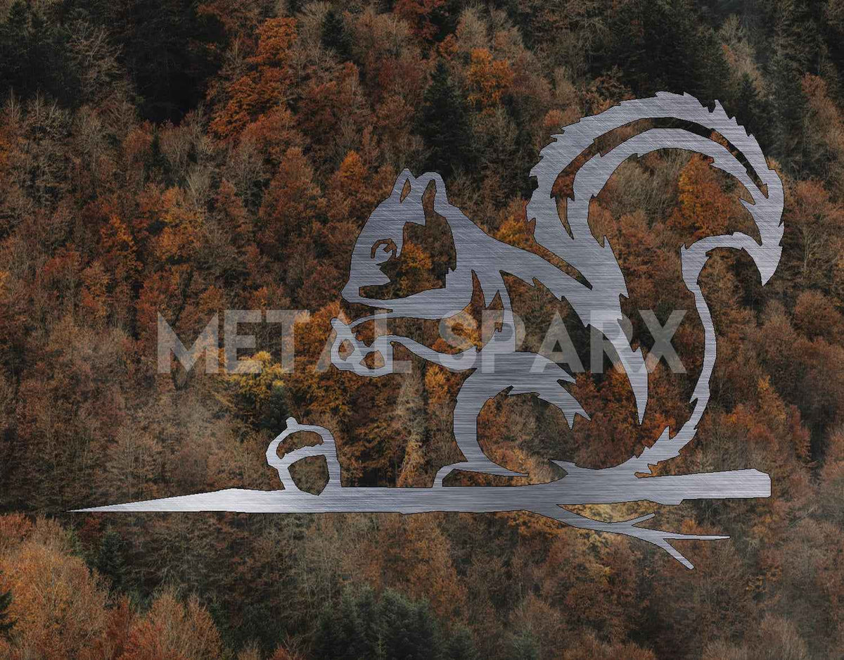 Decorative metal squirrel art by Metal Sparx, showcasing intricate metal craftsmanship in a detailed outdoor sculpture.