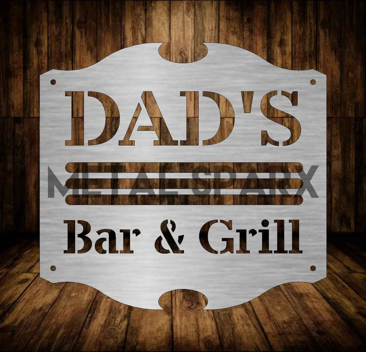 Metal Sparx Dad's Bar & Grill logo on a black background, featuring bold white text and a grill icon.