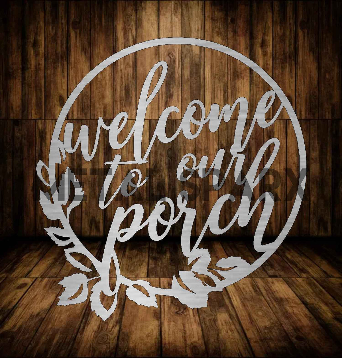 Metal Sparx Welcome to Our Porch metal art sign featuring elegant lettering and decorative design for outdoor porch decor