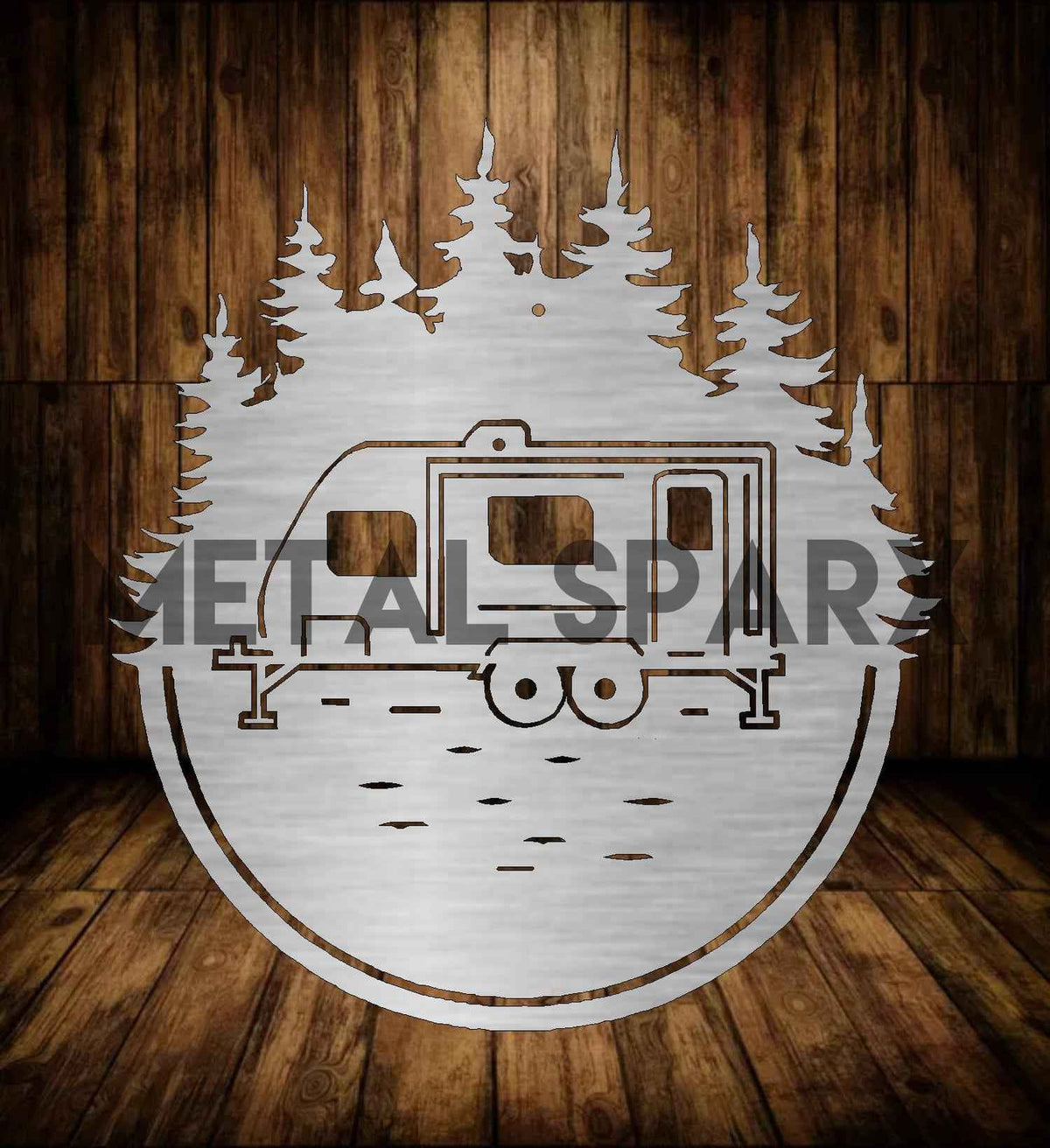 Decorative metal RV monogram art by Metal Sparx featuring a stylish RV design, perfect for outdoor or indoor display.
