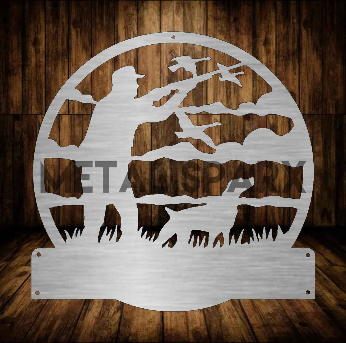 Metal Sparx goose hunter with dog sculpture, detailed outdoor scene featuring hunters and a hunting dog in a realistic design.