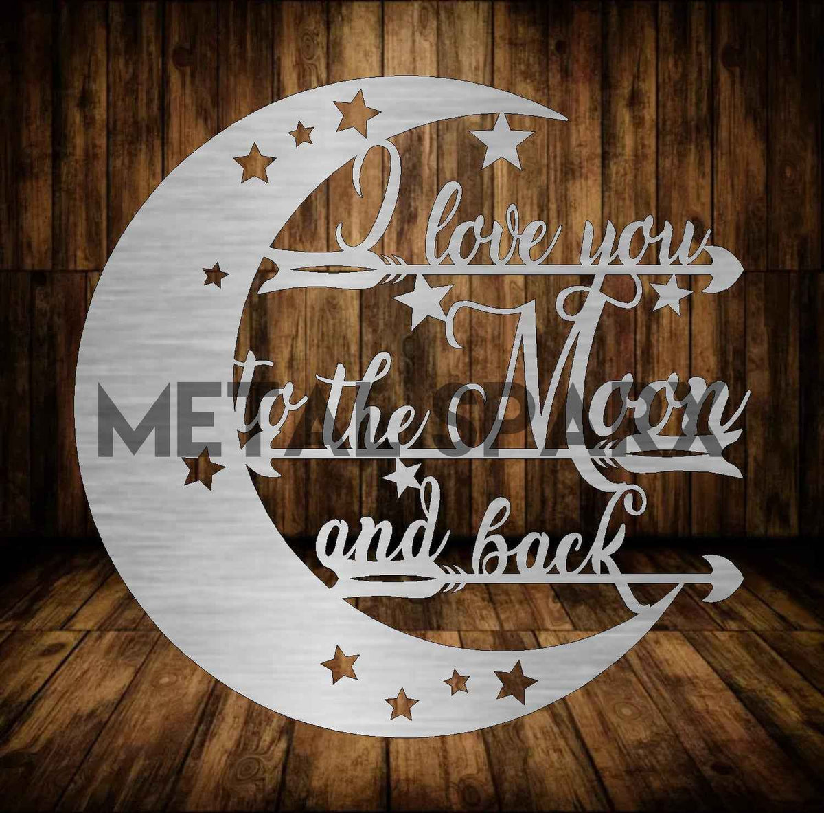 Love You To The Moon & Back metal wall art by Metal Sparx featuring celestial design and heartfelt quote for home decor.