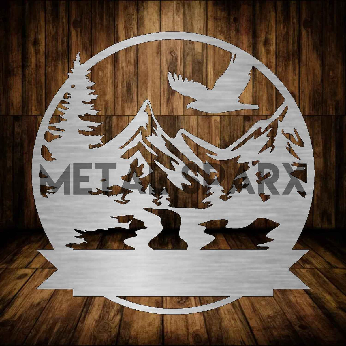 Metal Sparx Mountain Valley Monogram sign with rustic metal design and engraved monogram, suitable for outdoor decor.