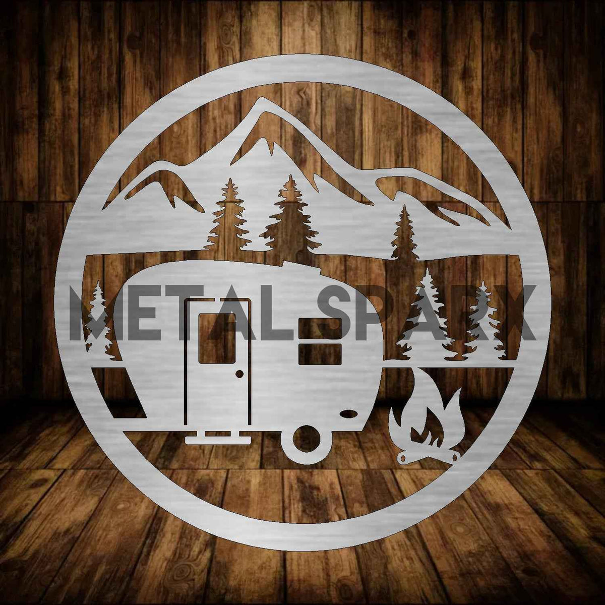 Metal Sparx camping scene metal art depicting a serene outdoor camping landscape with tents, trees, and a campfire.