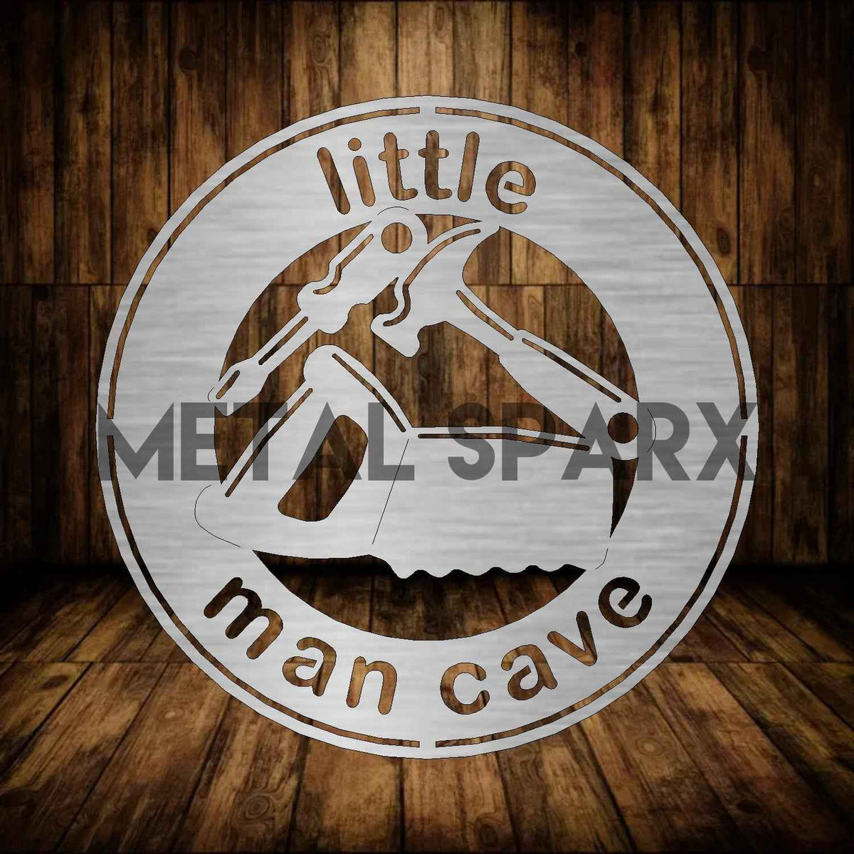 Metal Sparx Little Man Cave Tools set with various hand tools displayed on a workbench for DIY projects.