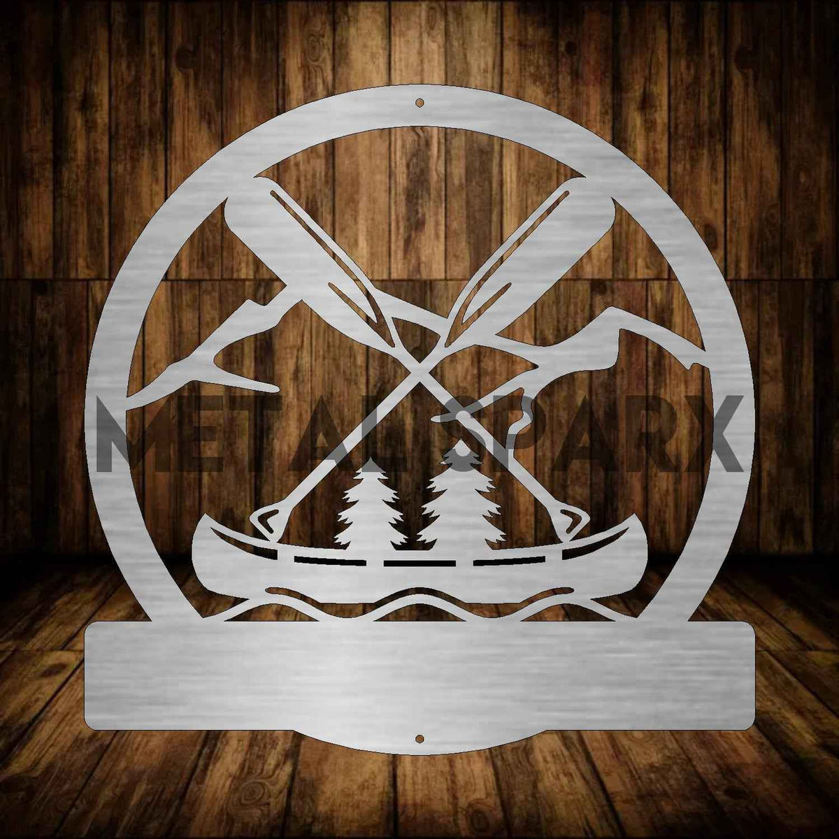 Metal Sparx Canoe & Oars Monogram metal art piece, featuring a canoe with oars design, ideal for nautical home decor.