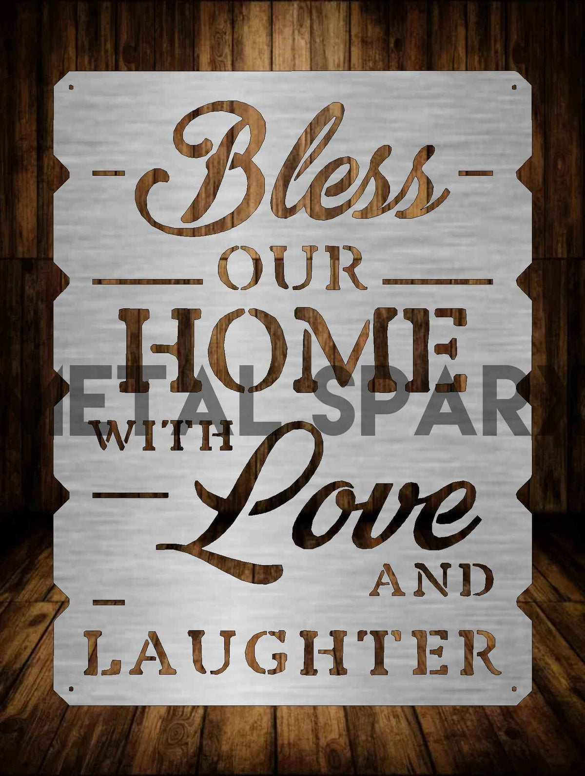 Metal Sparx Bless Our Home wall art, metal wall decor with inspirational design, featuring elegant cut-out lettering on a neutral background.