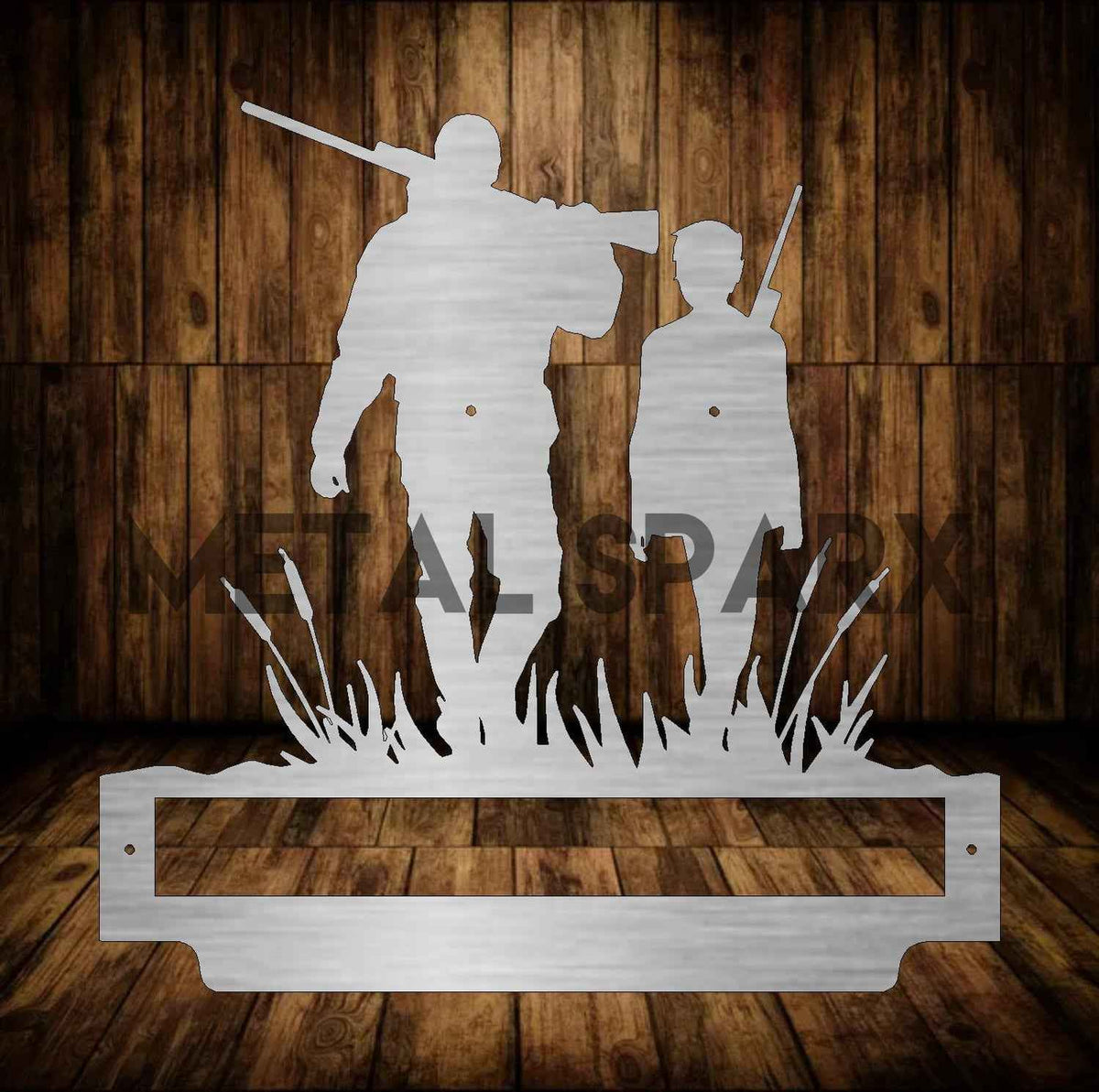 Father and son hunting scene with Metal Sparx logo, depicting outdoors, hunting gear, and bonding moment.