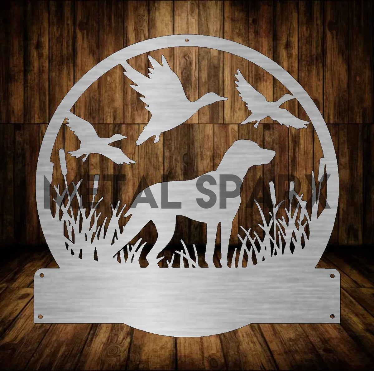 Metal Sparx hunting dog, brown and white retriever with alert stance, outdoors on grassy field.