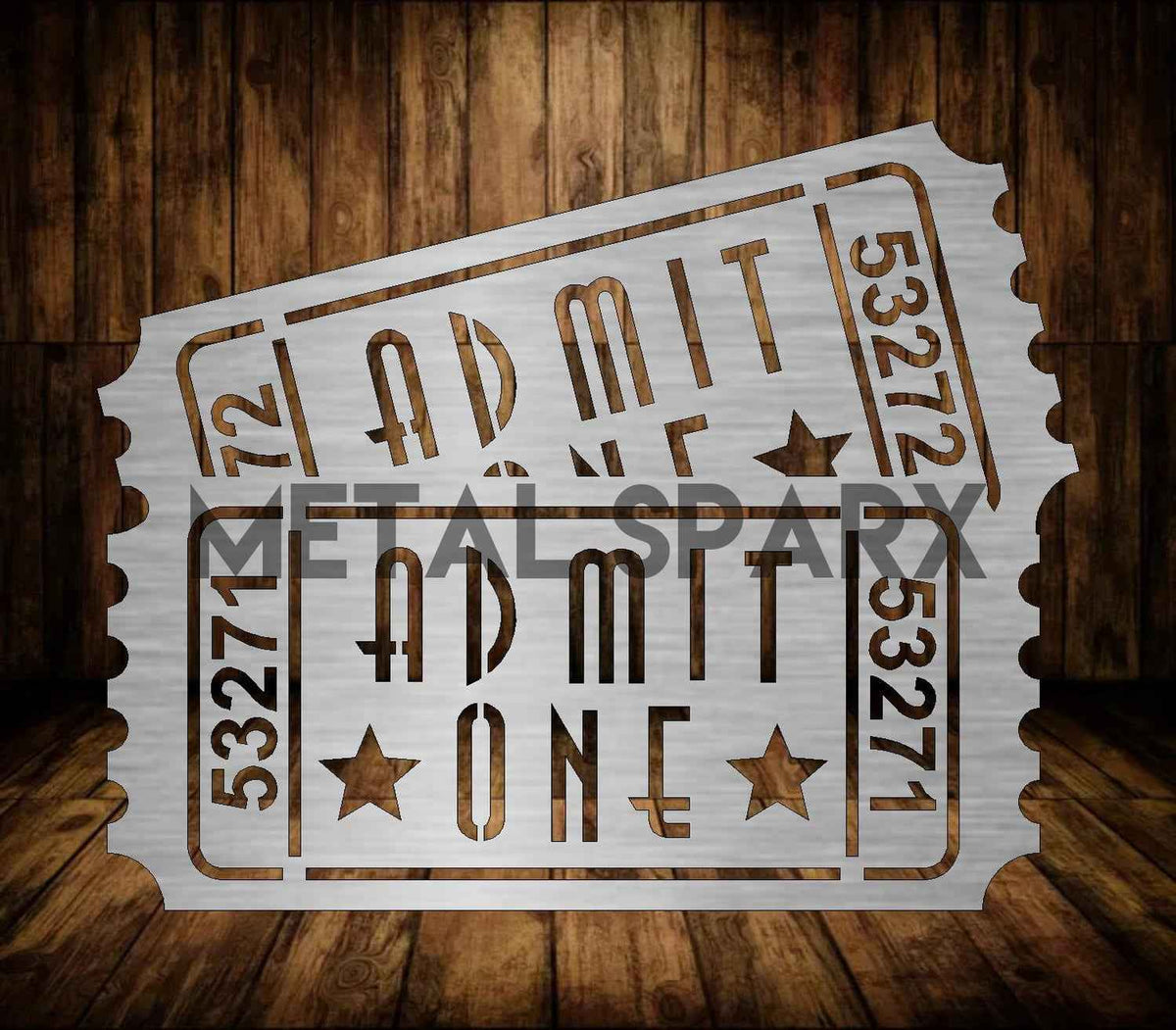 Metal Sparx Movies Admit One ticket pair metal art decorative wall hanging, featuring vintage cinema ticket design.