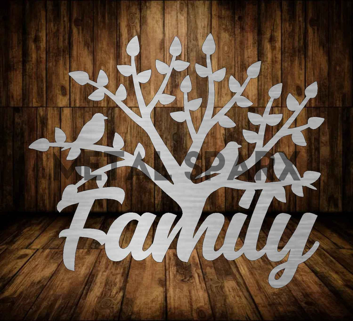 Family Tree metal art piece by Metal Sparx featuring intricate tree design with branches and leaves in dark metal finish.