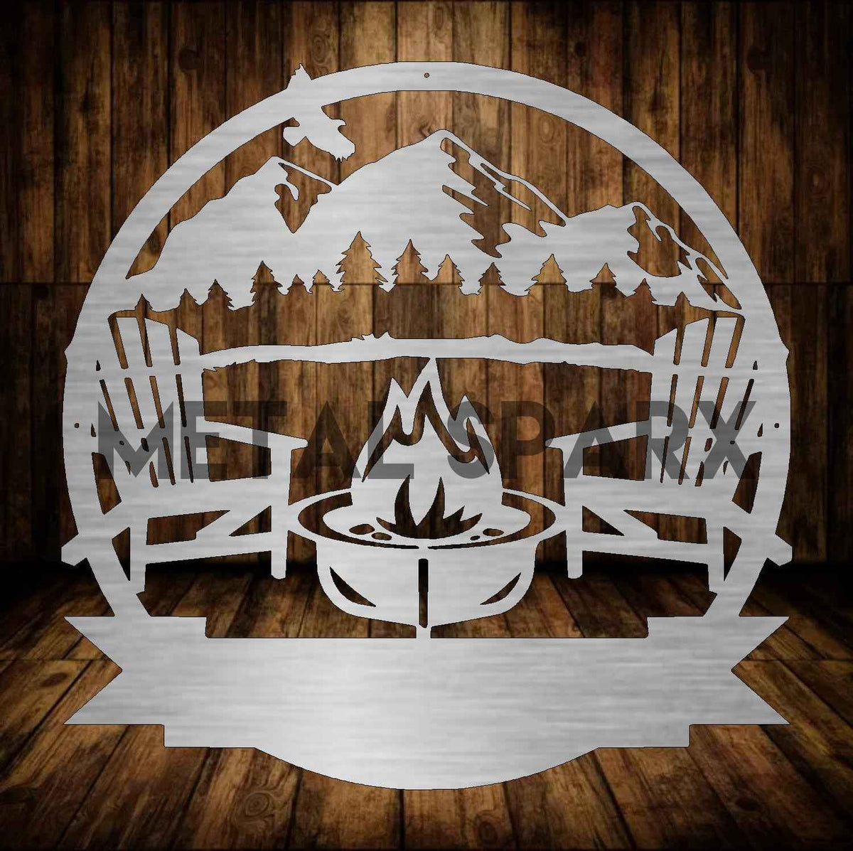 Metal Sparx Campfire Monogram metal art piece featuring a stylish campfire design in black metal.