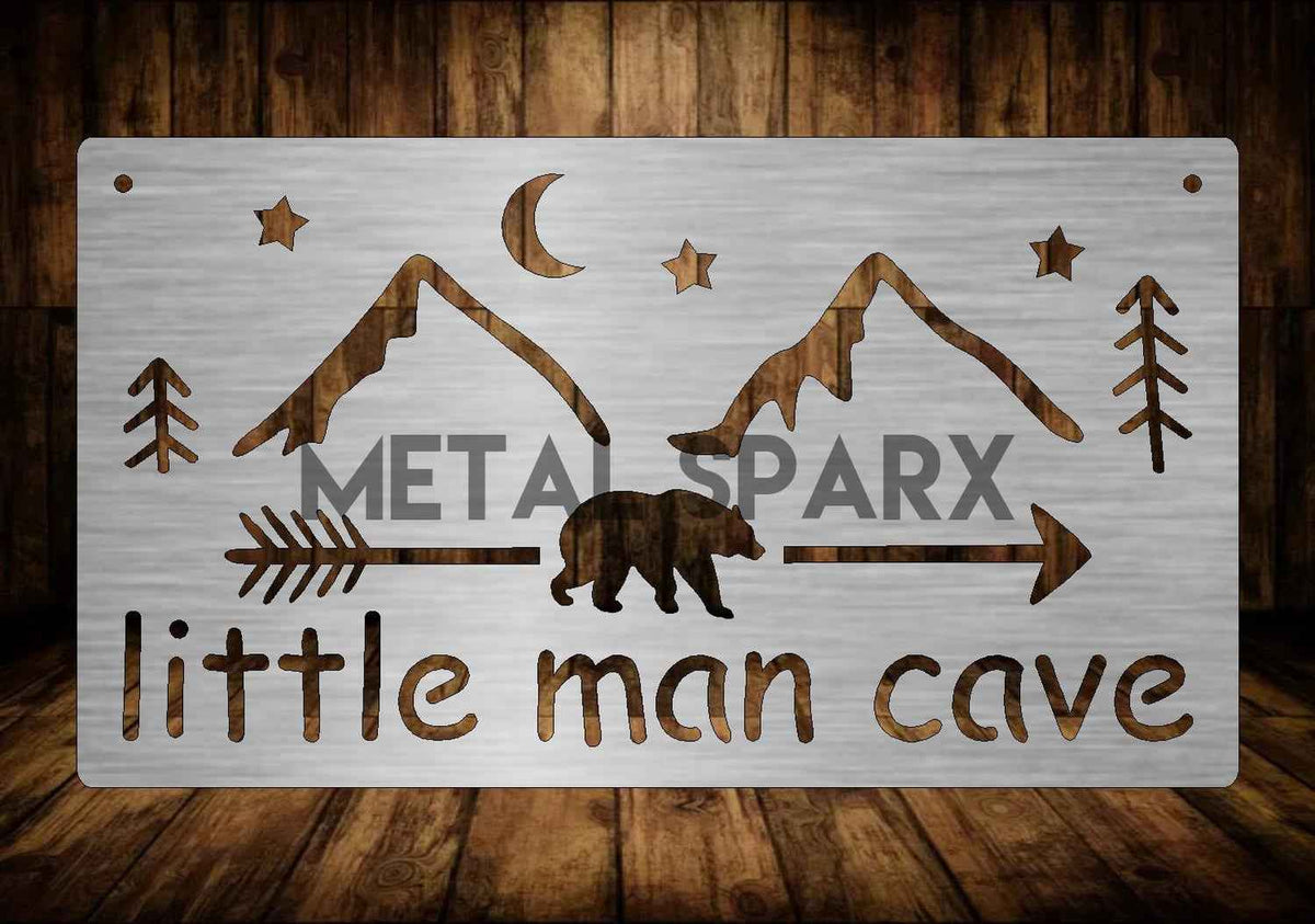 Metal Sparx Little Man Cave sign featuring bold black and white design with playful lettering and a mustache graphic.