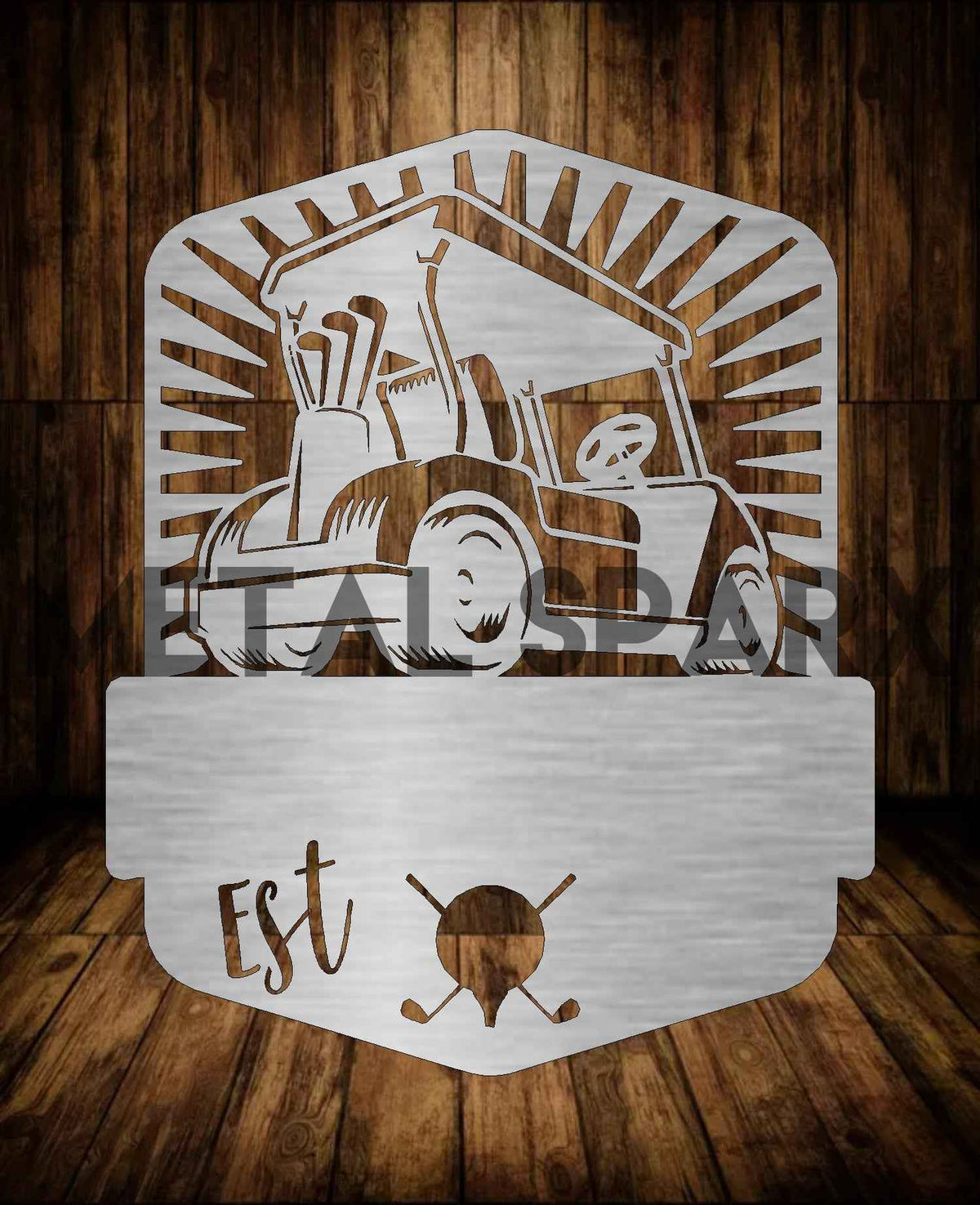 Metal Sparx golf cart monogram with custom monogram design mounted on a golf cart for personalized vehicle decoration.