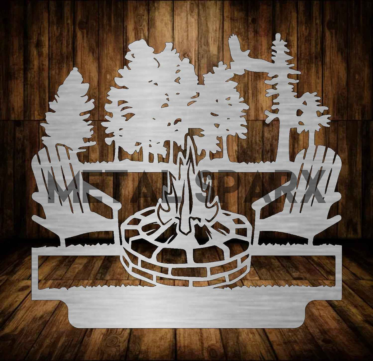 Personalized Metal Sparx campfire scene metal art featuring a cozy outdoor campfire with trees and sky in detailed metal design.