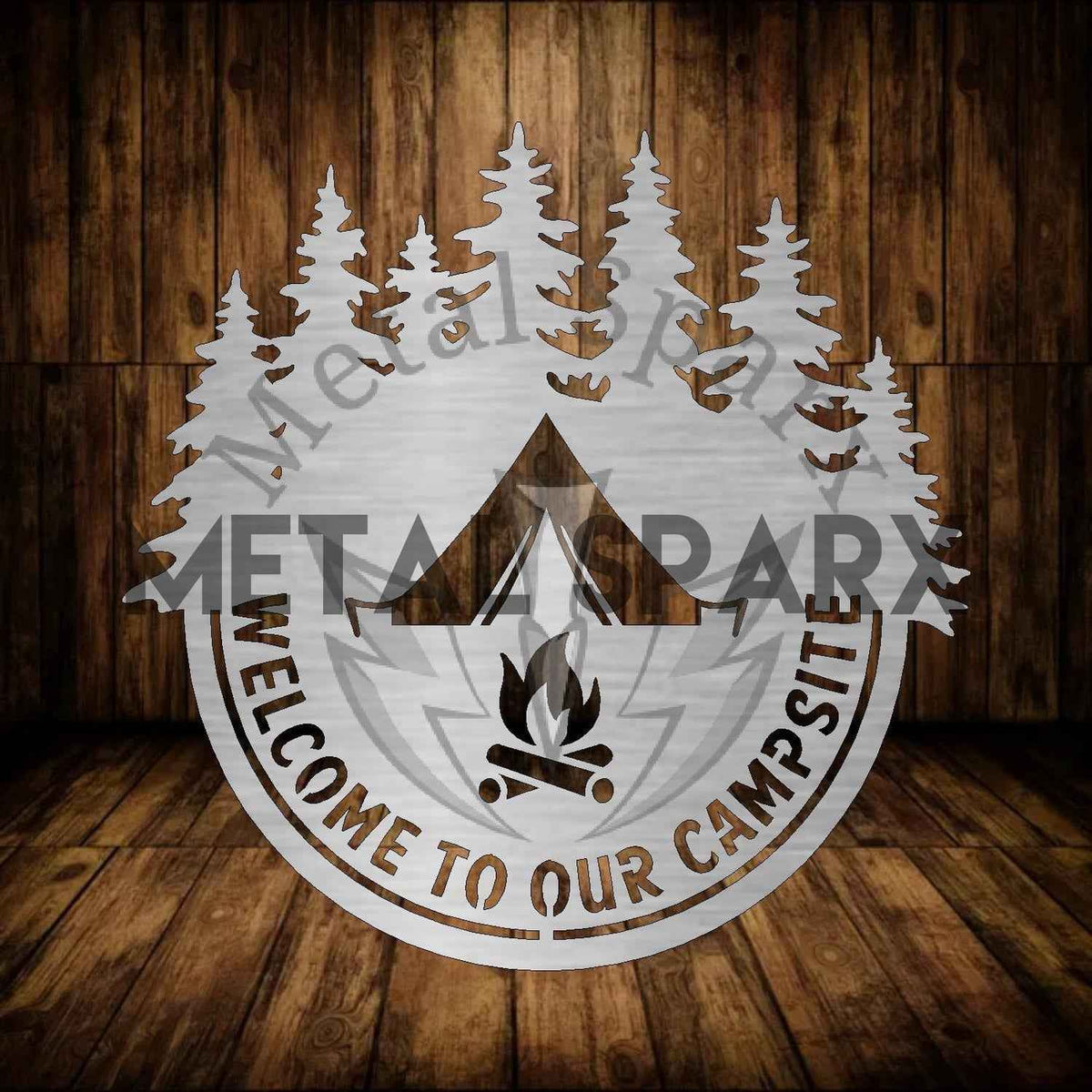 Metal Sparx Welcome to Our Campsite sign, metal outdoor decor with camping-themed design for garden or campsite display.
