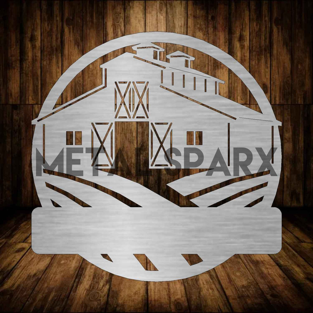Metal Sparx Farm Monogram decorative metal sign with intricate farm-themed design on a wooden background.