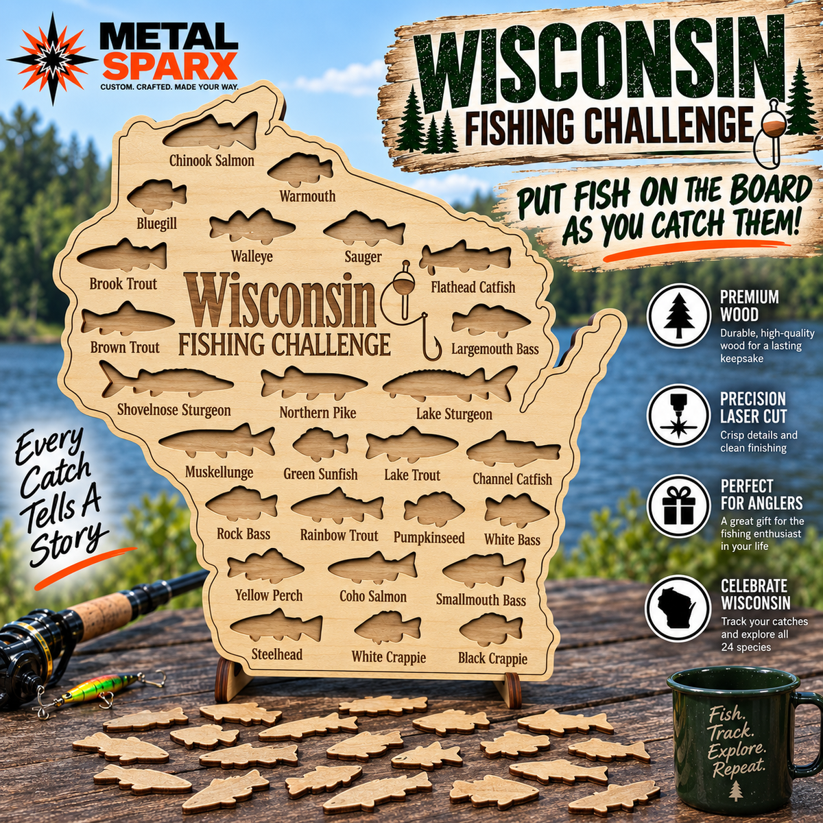 Metal Sparx Wisconsin Fishing Challenge Board featuring colorful fish illustrations and a durable wood surface for outdoor use.