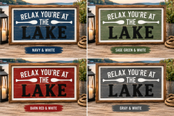 Relax You're At the Lake metal sign by Metal Sparx featuring a lakeside scene and casual message for home decor.