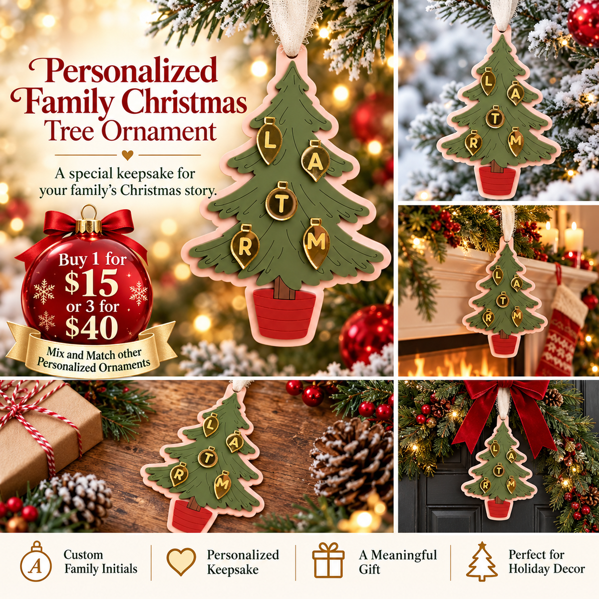 Personalized metal family Christmas tree ornament with custom initials, holiday keepsake, featuring festive design and engraved details.