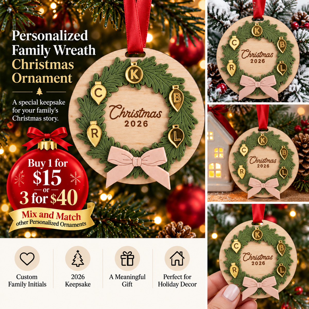 Personalized family Christmas wreath ornament by Metal Sparx with custom initials and 2026 keepsake design.