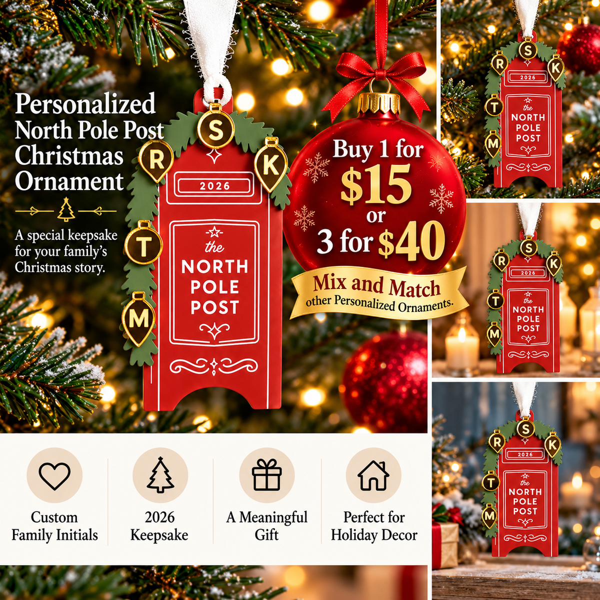 Personalized North Pole Post Christmas ornament by Metal Sparx with custom family initials and 2026 keepsake design.