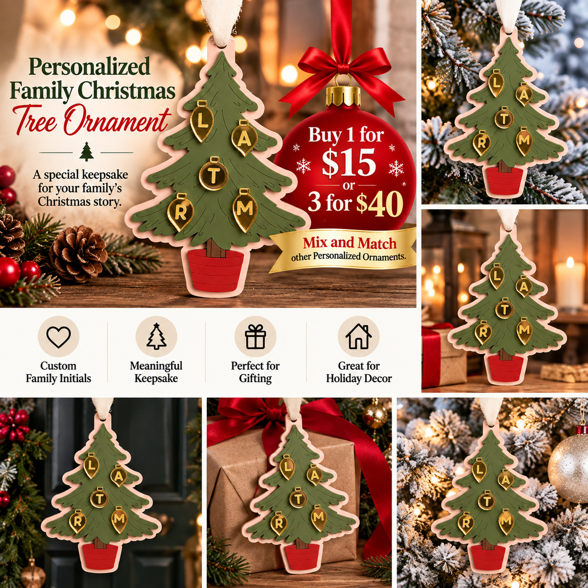 Personalized Metal Sparx family Christmas tree ornament with custom initials, holiday keepsake in a collage display.