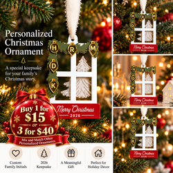 Personalized Christmas window ornament by Metal Sparx featuring custom family initials and 2026 keepsake design.