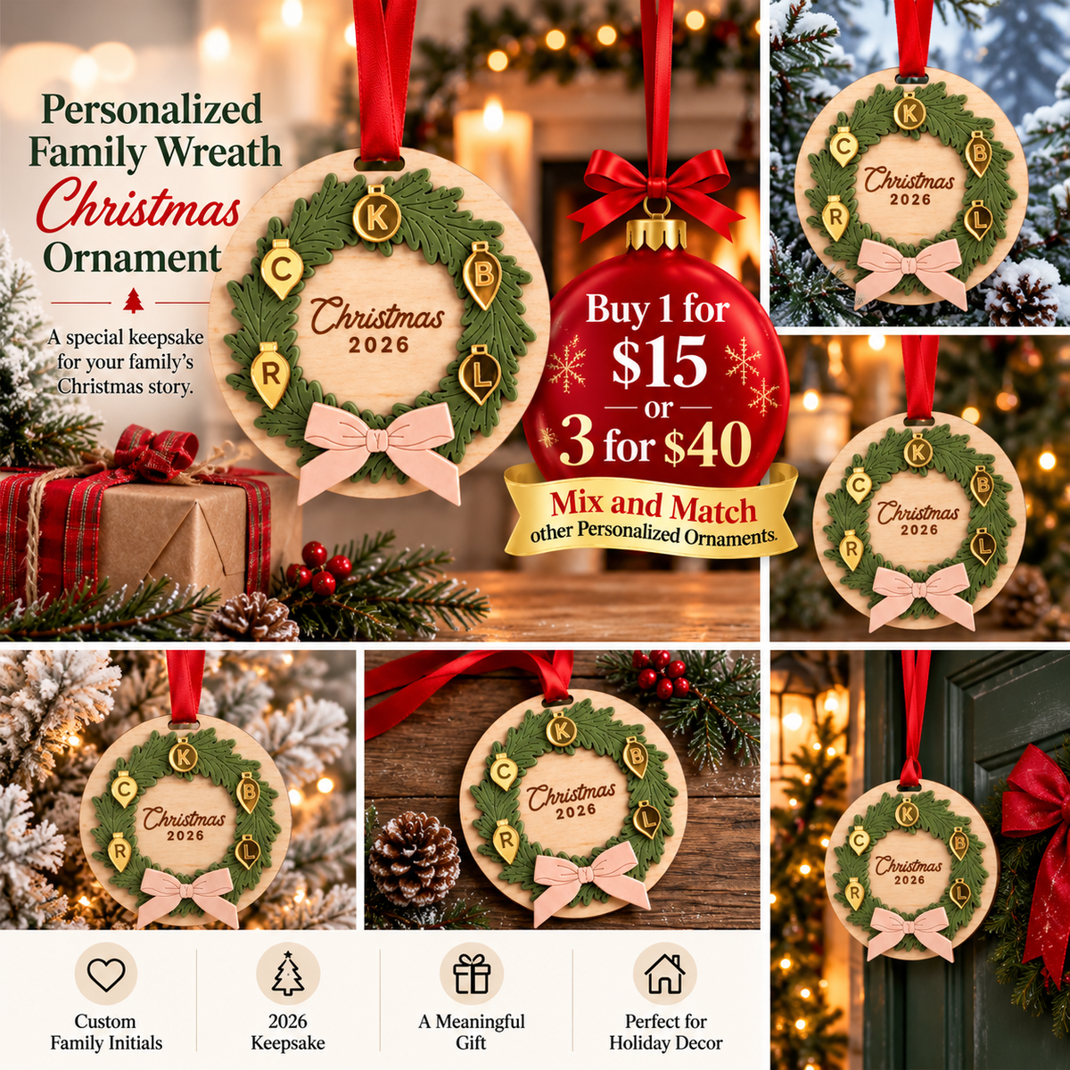 Personalized family Christmas wreath ornament with custom initials and year 2026 by Metal Sparx, decorative holiday keepsake.